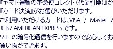 『ヤマト運輸の宅急便コレクト（代金引換）』か『カード決済』がお選びいただけます。ご利用いただけるカードは、VISA / Master / JCB / AMERICAN EXPRESS です。SSL の暗号化通信を行いますので安心してお買い物ができます。
